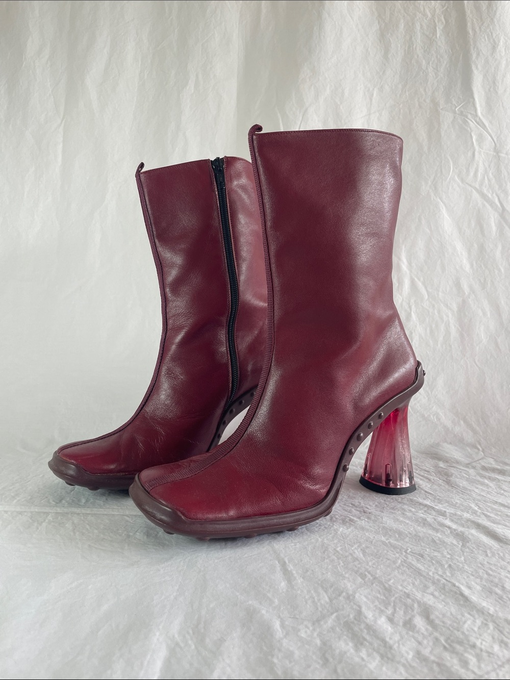 Vintage Browns ID Burgundy Mid-Calf Leather Boots with Lucite Heel